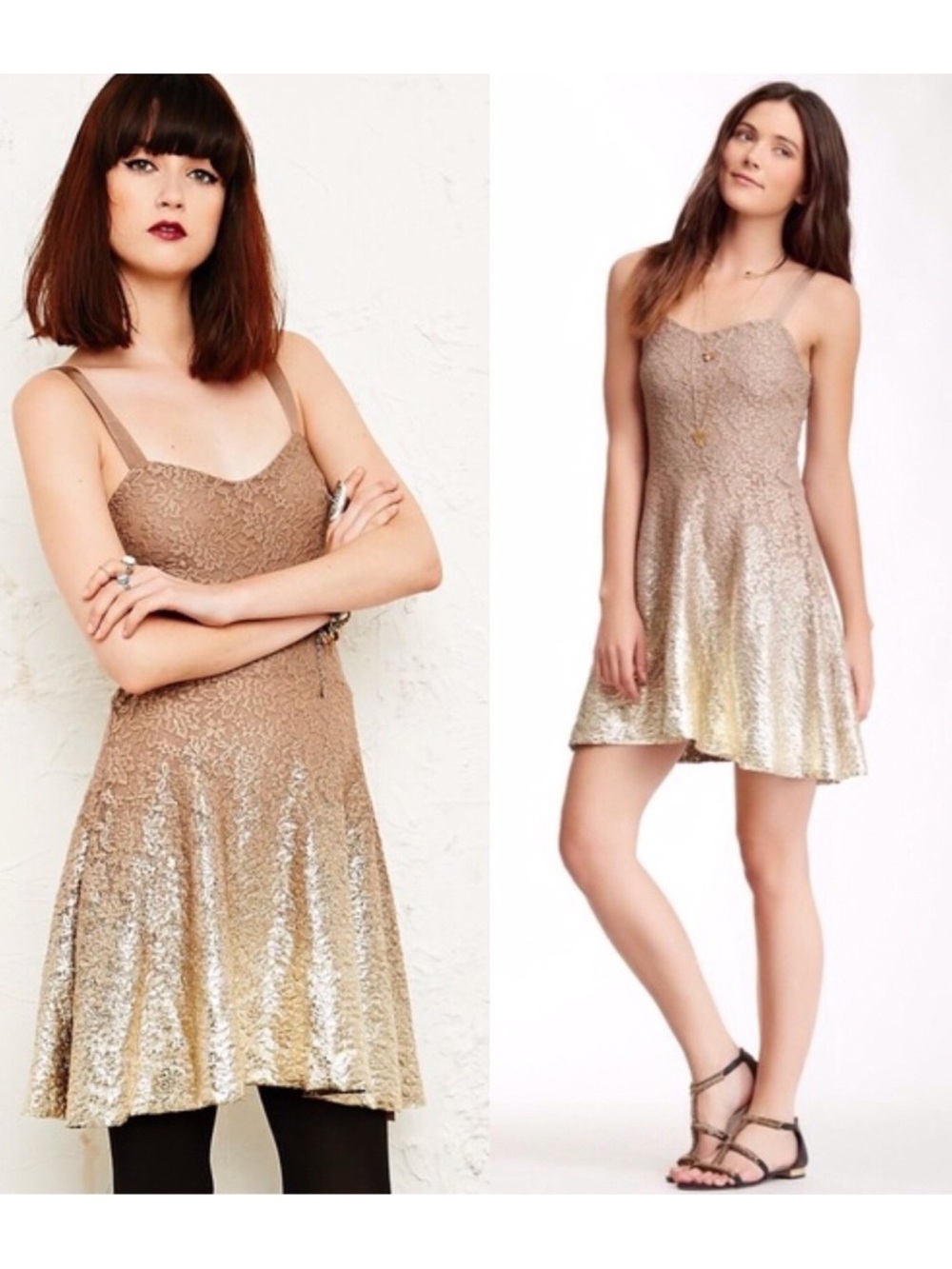 Free People Foil Ombre Lace Mini Dress In Gold Combo Size S EUC